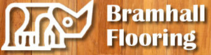 Bramhall Flooring logo - wood floor background with white rhino outline